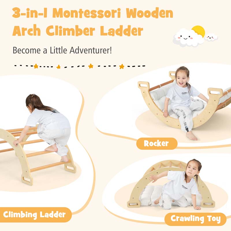 3-in-1 Kids Climber Ladder & Rocker Board with Cushion Pad, Wooden Ladder Arch Climbing Toy for Toddlers