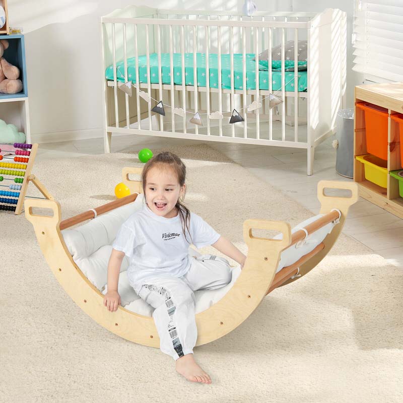 3-in-1 Kids Climber Ladder & Rocker Board with Cushion Pad, Wooden Ladder Arch Climbing Toy for Toddlers