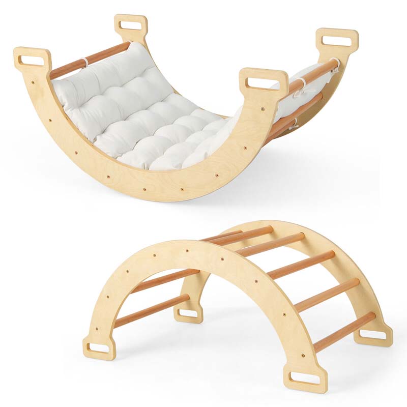 3-in-1 Kids Climber Ladder & Rocker Board with Cushion Pad, Wooden Ladder Arch Climbing Toy for Toddlers