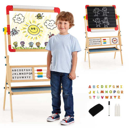 360° Kids Rotatable Wooden Art Easel, 3-in-1 Adjustable Double Sided Drawing Board with Whiteboard, Chalkboard & Paper Roll