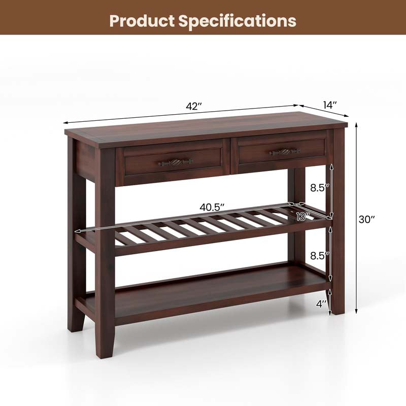 3-Tier Narrow Entryway Console Table with 2 Drawers, 2 Open Shelves, Wooden Long Sofa Side Table for Living Room Hallway