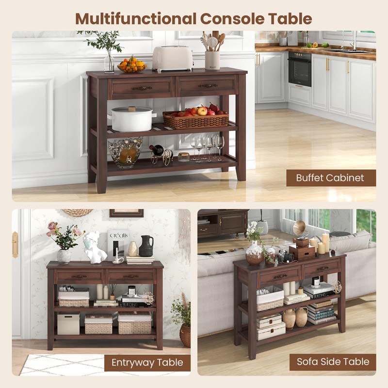 3-Tier Narrow Entryway Console Table with 2 Drawers, 2 Open Shelves, Wooden Long Sofa Side Table for Living Room Hallway