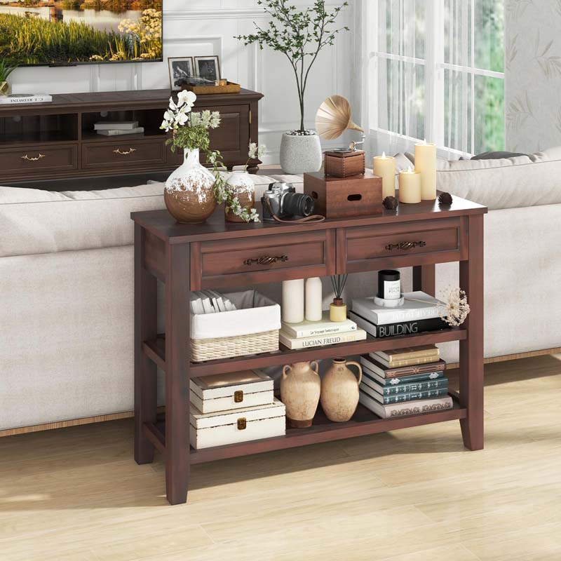3-Tier Narrow Entryway Console Table with 2 Drawers, 2 Open Shelves, Wooden Long Sofa Side Table for Living Room Hallway