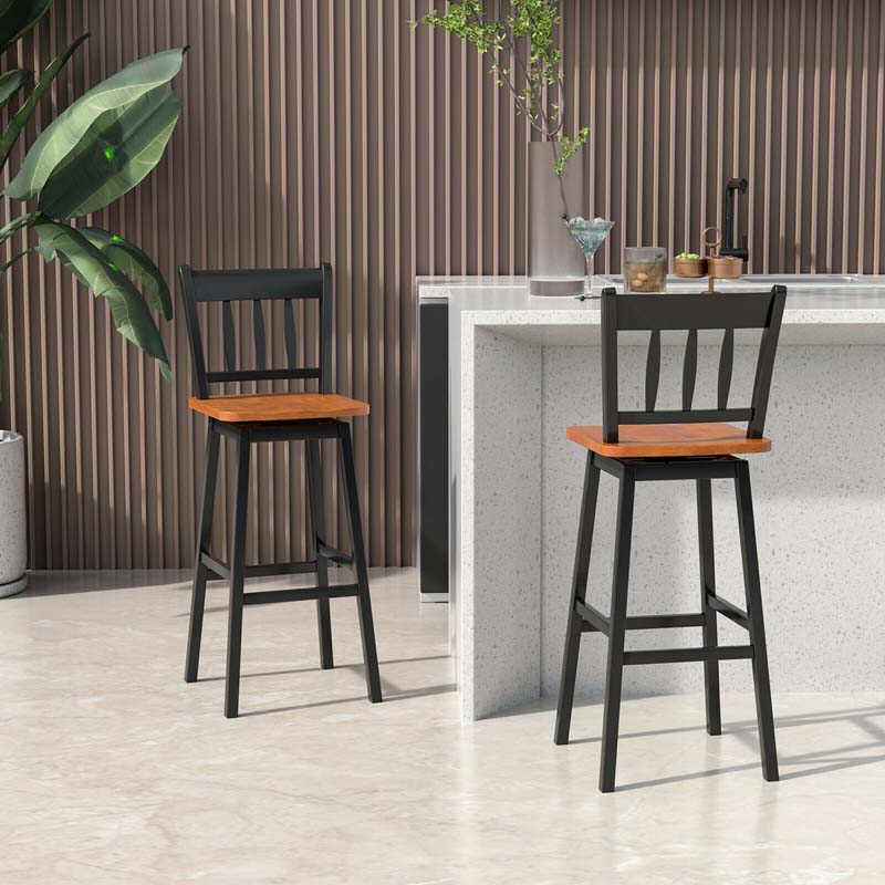 2 Pcs 30.5" Rubber Wood Vintage Bar Chairs 360 Degree Swivel Bar Stools with Back & Footrest