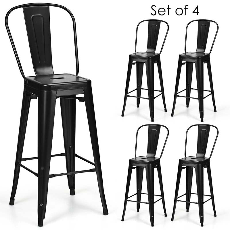 4Pcs 30" Stackable Metal Bar Stools with Removable Backrest & Non-Slip Feet, Industrial Bar Height Dining Chairs Bistro Cafe Chairs