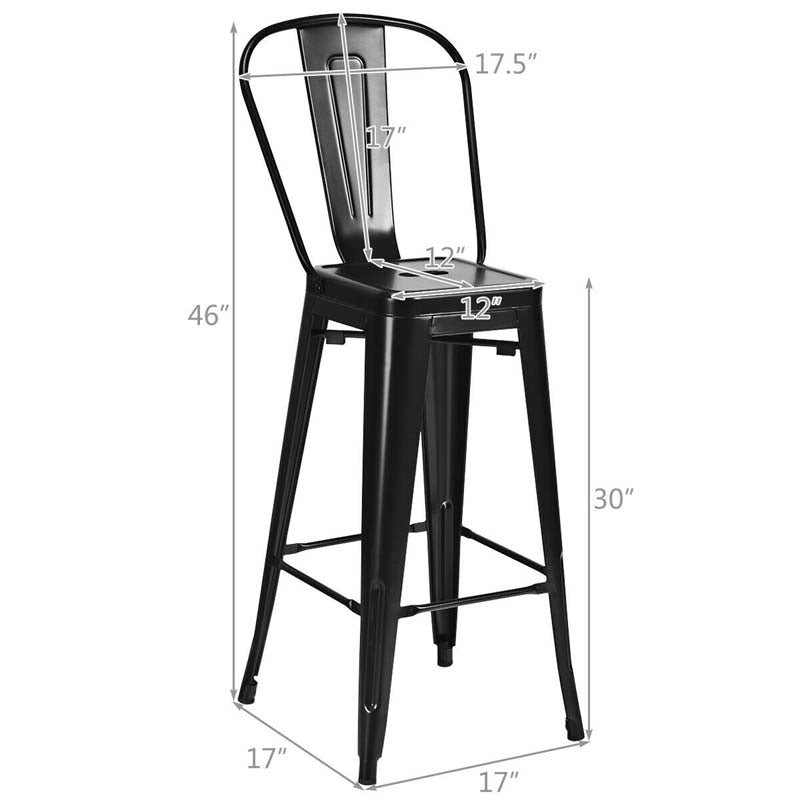 4Pcs 30" Stackable Metal Bar Stools with Removable Backrest & Non-Slip Feet, Industrial Bar Height Dining Chairs Bistro Cafe Chairs