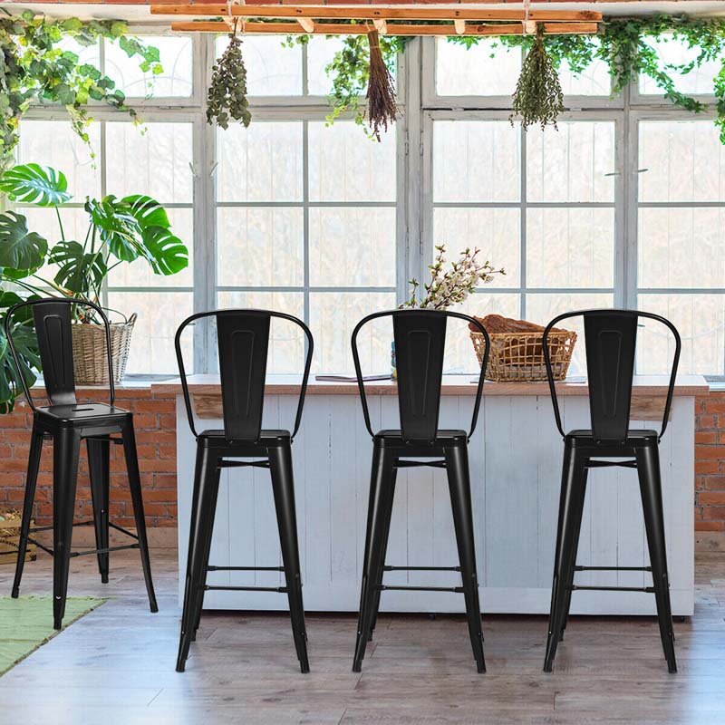 4Pcs 30" Stackable Metal Bar Stools with Removable Backrest & Non-Slip Feet, Industrial Bar Height Dining Chairs Bistro Cafe Chairs