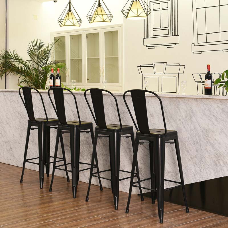 4Pcs 30" Stackable Metal Bar Stools with Removable Backrest & Non-Slip Feet, Industrial Bar Height Dining Chairs Bistro Cafe Chairs
