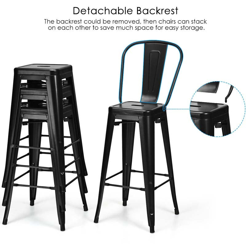 4Pcs 30" Stackable Metal Bar Stools with Removable Backrest & Non-Slip Feet, Industrial Bar Height Dining Chairs Bistro Cafe Chairs