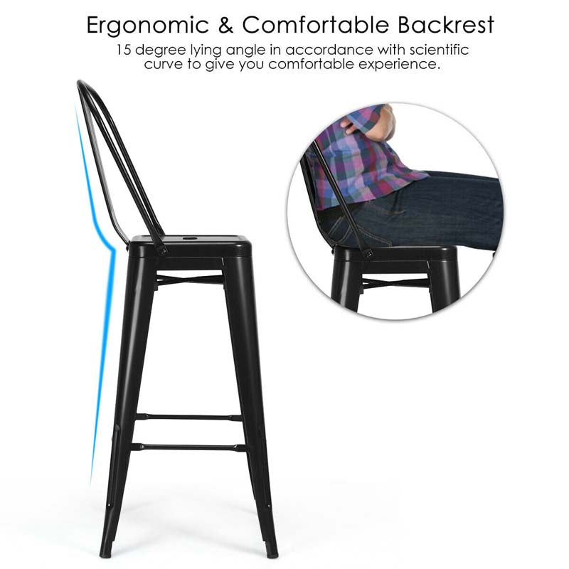 4Pcs 30" Stackable Metal Bar Stools with Removable Backrest & Non-Slip Feet, Industrial Bar Height Dining Chairs Bistro Cafe Chairs