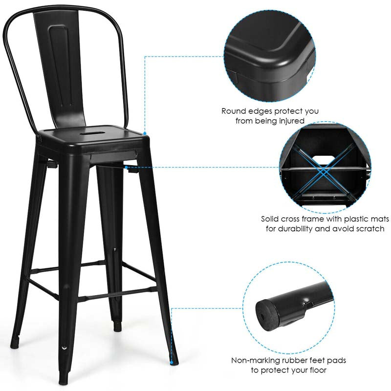 4Pcs 30" Stackable Metal Bar Stools with Removable Backrest & Non-Slip Feet, Industrial Bar Height Dining Chairs Bistro Cafe Chairs