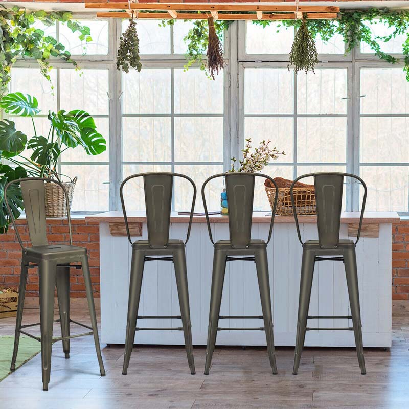 4Pcs 30" Stackable Metal Bar Stools with Removable Backrest & Non-Slip Feet, Industrial Bar Height Dining Chairs Bistro Cafe Chairs