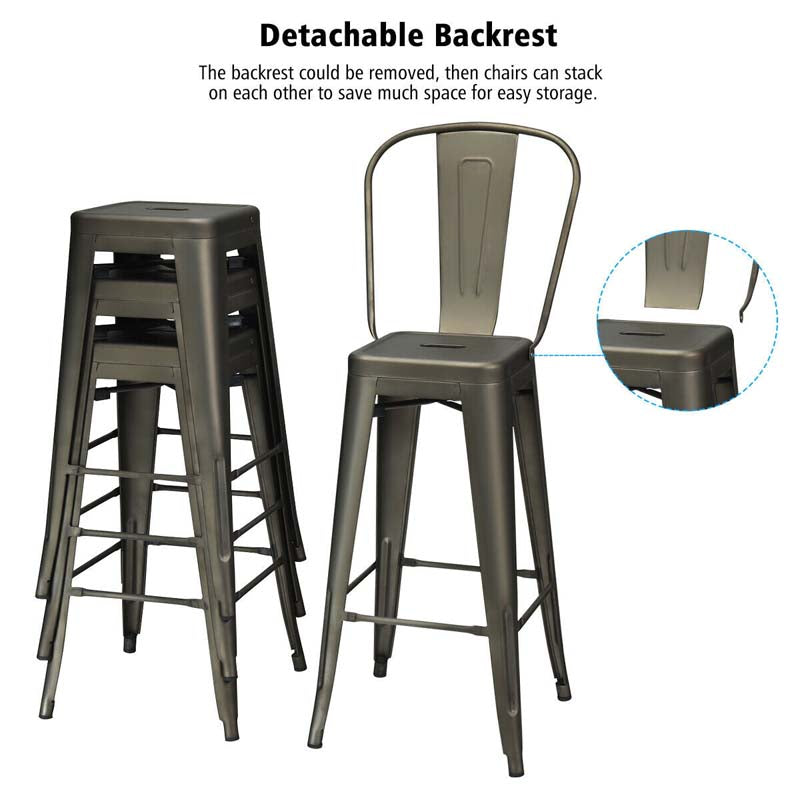 4Pcs 30" Stackable Metal Bar Stools with Removable Backrest & Non-Slip Feet, Industrial Bar Height Dining Chairs Bistro Cafe Chairs