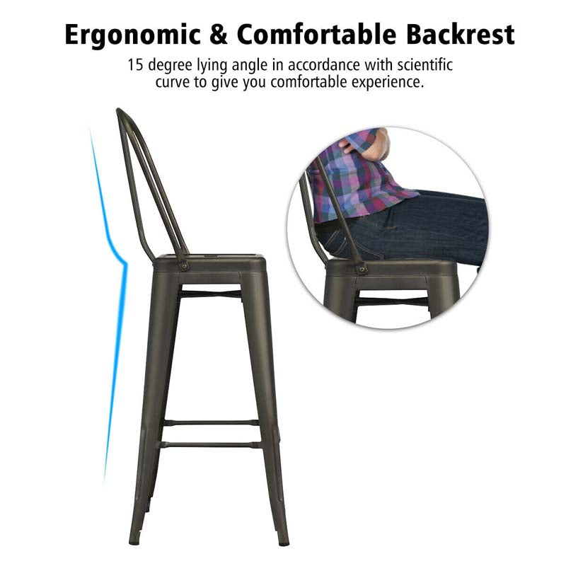 4Pcs 30" Stackable Metal Bar Stools with Removable Backrest & Non-Slip Feet, Industrial Bar Height Dining Chairs Bistro Cafe Chairs