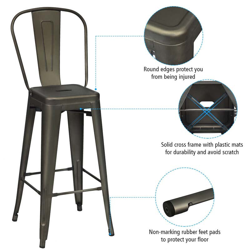 4Pcs 30" Stackable Metal Bar Stools with Removable Backrest & Non-Slip Feet, Industrial Bar Height Dining Chairs Bistro Cafe Chairs