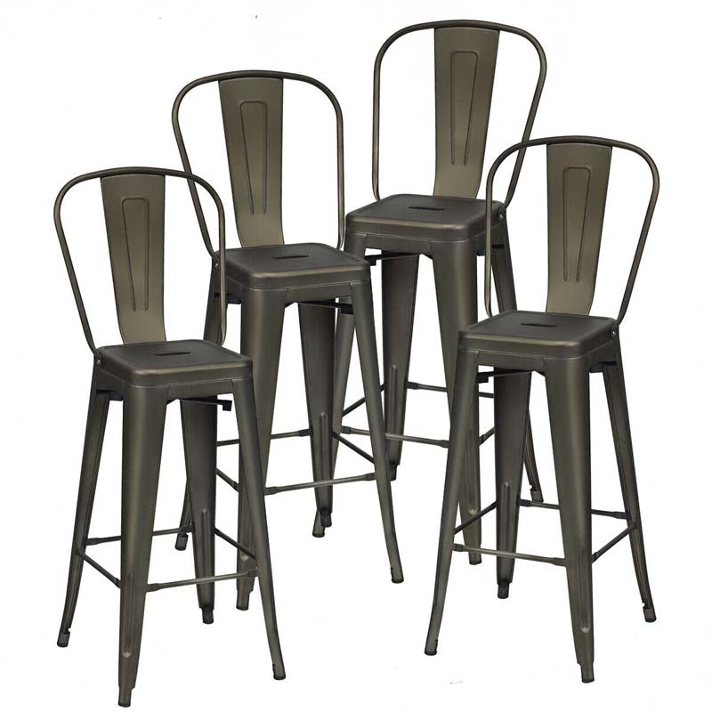 4Pcs 30" Stackable Metal Bar Stools with Removable Backrest & Non-Slip Feet, Industrial Bar Height Dining Chairs Bistro Cafe Chairs