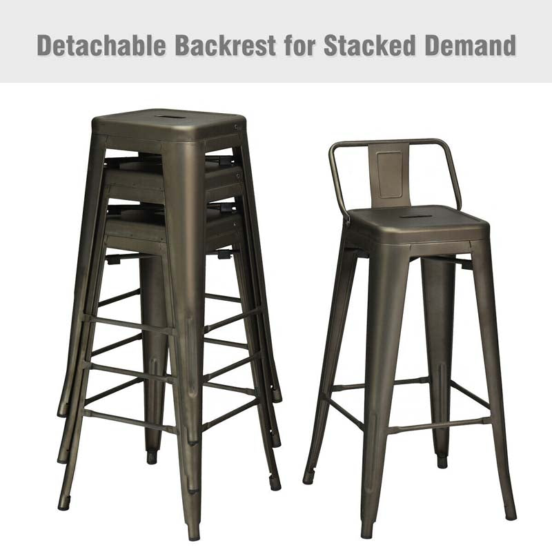 4Pcs 30" Metal Bar Stools Stackable Cafe Side Chairs with Removable Back, Stylish Counter Height Chairs for Kitchen Dining Rooms