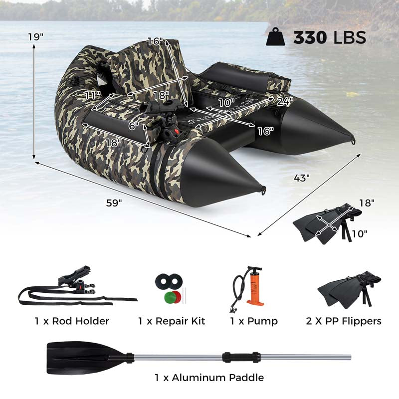350 LBS Inflatable Boat Belly Boat Fishing Float Tube w/Adjustable Shoulder Straps, Paddle, Flippers, Fishing Rod Holder, Fish Ruler, Storage