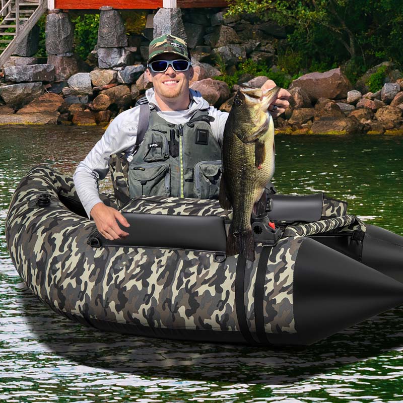 350 LBS Inflatable Boat Belly Boat Fishing Float Tube w/Adjustable Shoulder Straps, Paddle, Flippers, Fishing Rod Holder, Fish Ruler, Storage