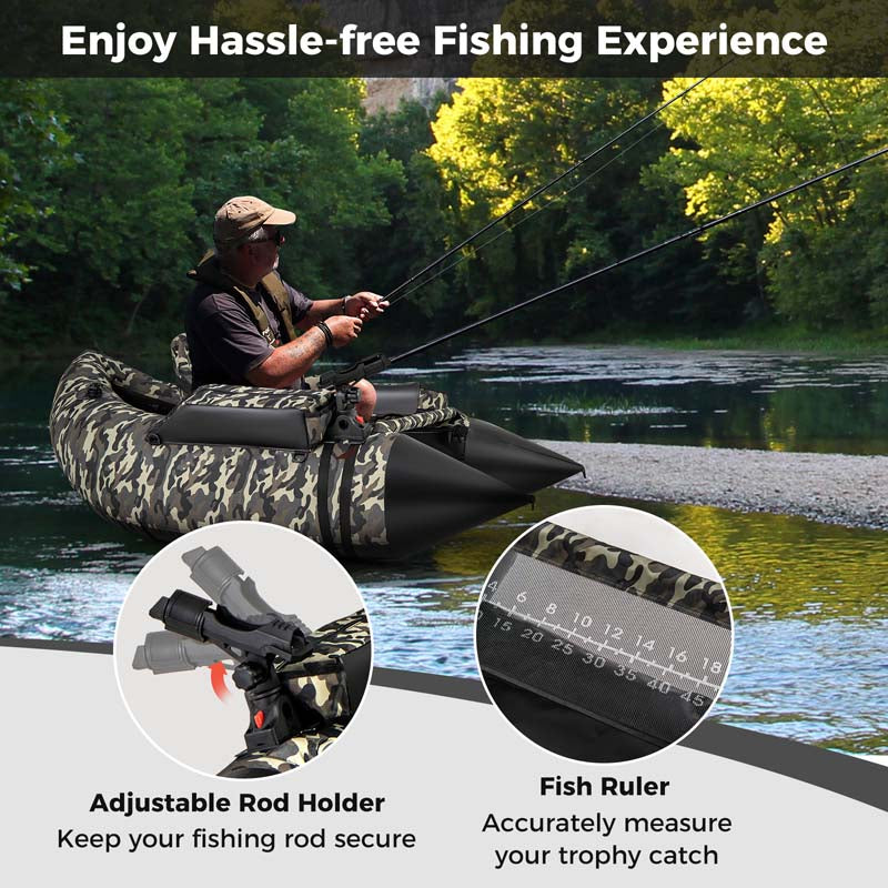 350 LBS Inflatable Boat Belly Boat Fishing Float Tube w/Adjustable Shoulder Straps, Paddle, Flippers, Fishing Rod Holder, Fish Ruler, Storage