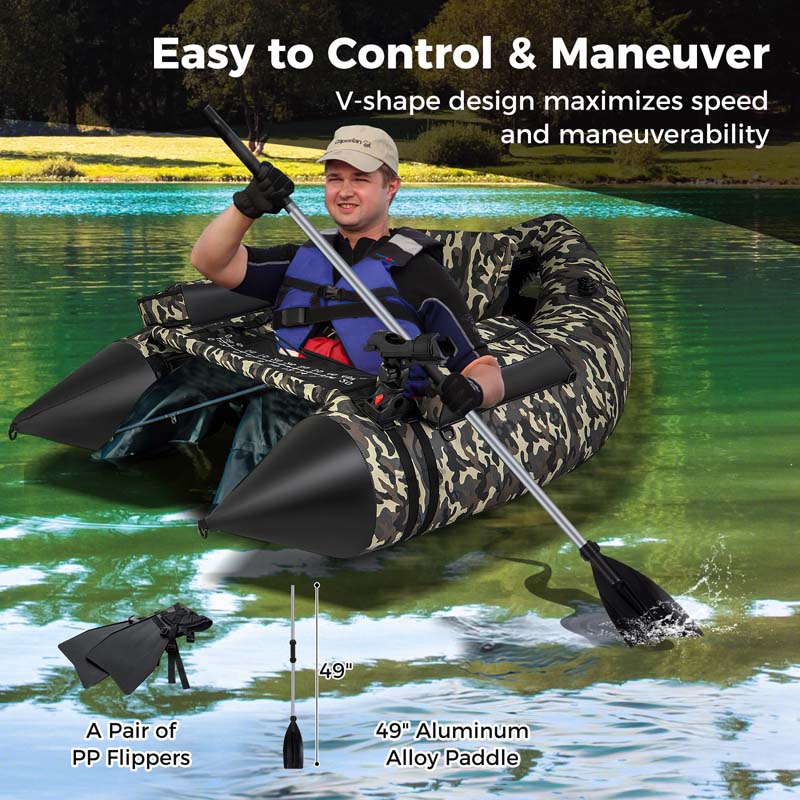 350 LBS Inflatable Boat Belly Boat Fishing Float Tube w/Adjustable Shoulder Straps, Paddle, Flippers, Fishing Rod Holder, Fish Ruler, Storage