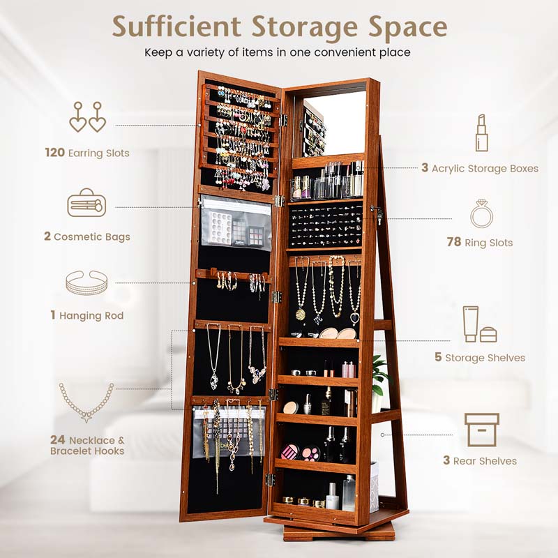360 Rotating Jewelry Armoire with Higher Full Length Mirror, 3-in-1 Freestanding Lockable Jewelry Cabinet Organizer