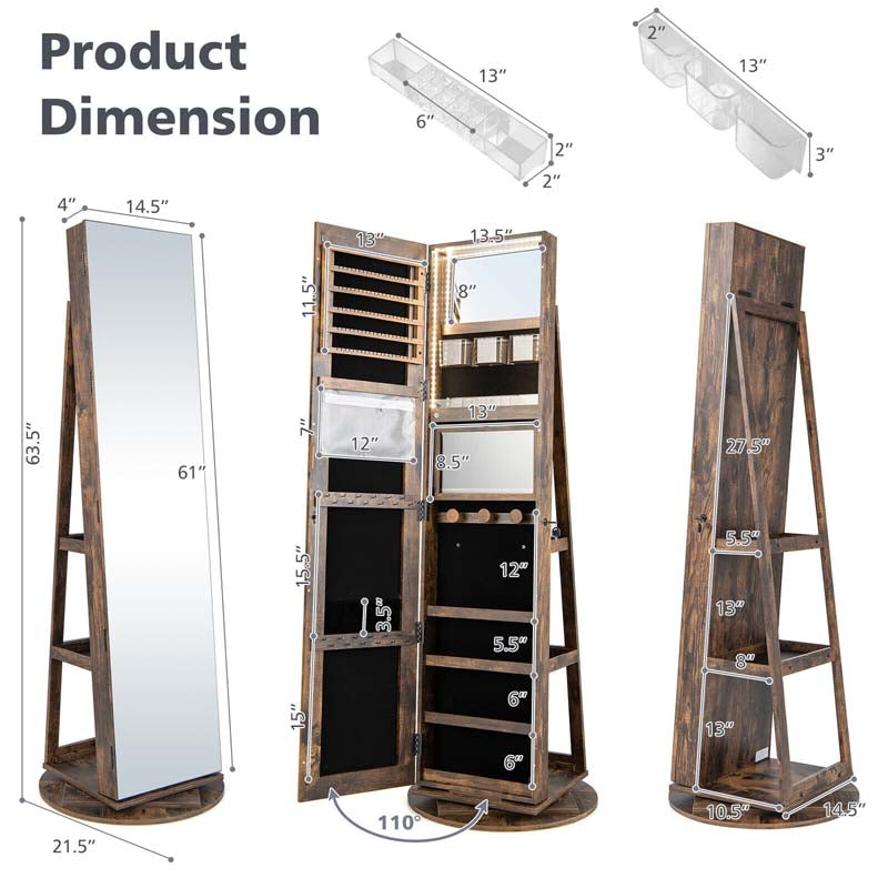 63.5"H 360 Swivel Jewelry Armoire w/Full Length Mirror, 3-Color LED lights, Rear Storage Shelves, Lockable Standing Jewelry Cabinet Organizer