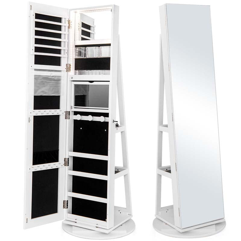 63.5"H 360 Swivel Jewelry Armoire w/Full Length Mirror, 3-Color LED lights, Rear Storage Shelves, Lockable Standing Jewelry Cabinet Organizer