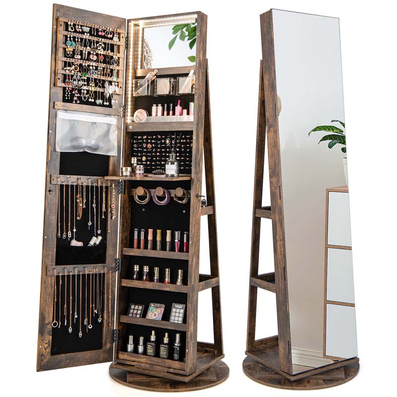 63.5"H 360 Swivel Jewelry Armoire w/Full Length Mirror, 3-Color LED lights, Rear Storage Shelves, Lockable Standing Jewelry Cabinet Organizer