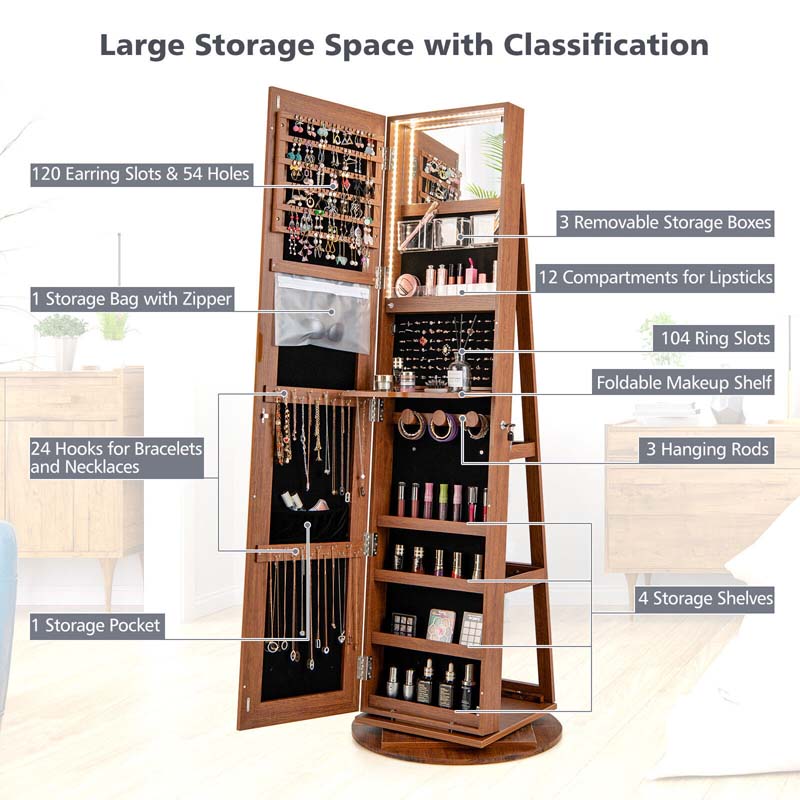 63.5"H 360 Swivel Jewelry Armoire w/Full Length Mirror, 3-Color LED lights, Rear Storage Shelves, Lockable Standing Jewelry Cabinet Organizer