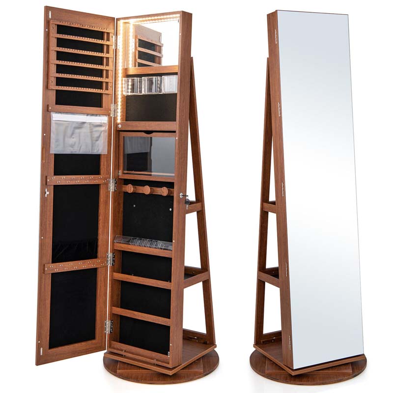 63.5"H 360 Swivel Jewelry Armoire w/Full Length Mirror, 3-Color LED lights, Rear Storage Shelves, Lockable Standing Jewelry Cabinet Organizer