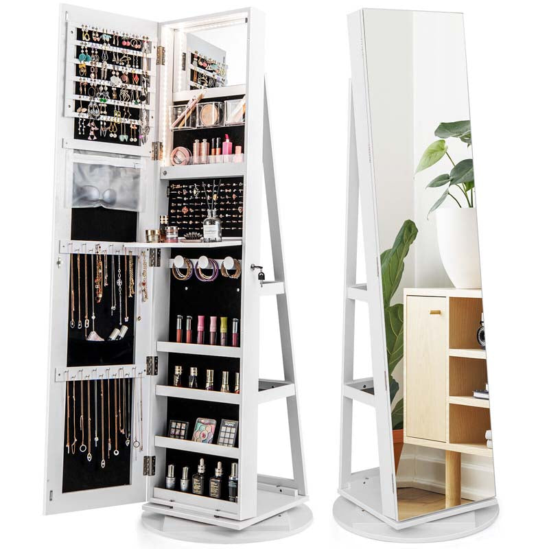 63.5"H 360 Swivel Jewelry Armoire w/Full Length Mirror, 3-Color LED lights, Rear Storage Shelves, Lockable Standing Jewelry Cabinet Organizer
