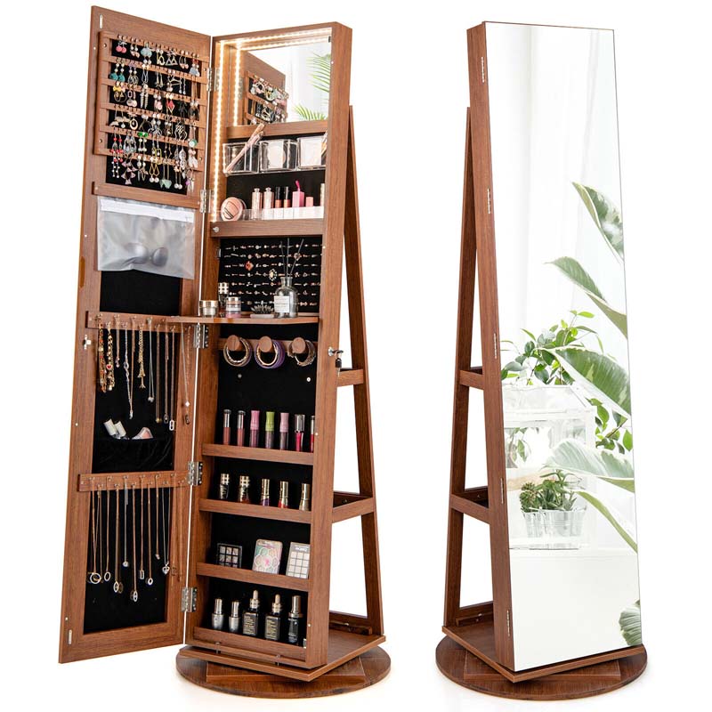 63.5"H 360 Swivel Jewelry Armoire w/Full Length Mirror, 3-Color LED lights, Rear Storage Shelves, Lockable Standing Jewelry Cabinet Organizer