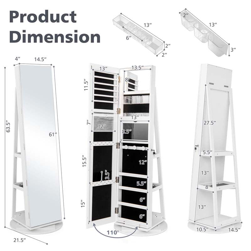 63.5"H 360 Swivel Jewelry Armoire w/Full Length Mirror, 3-Color LED lights, Rear Storage Shelves, Lockable Standing Jewelry Cabinet Organizer