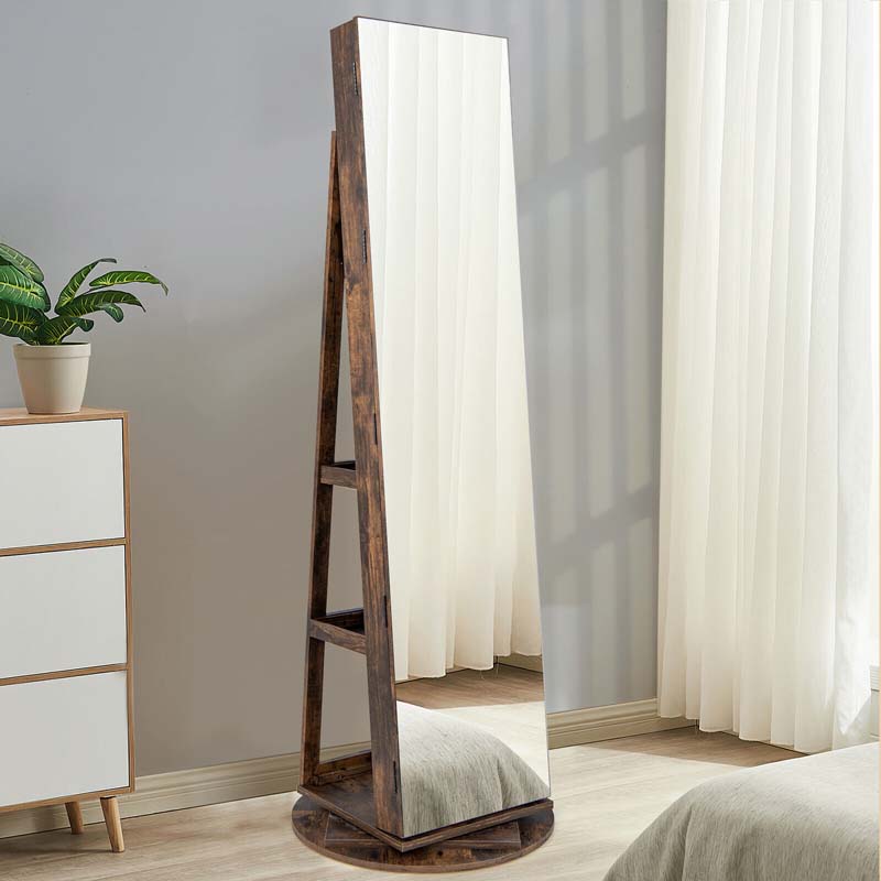 63.5"H 360 Swivel Jewelry Armoire w/Full Length Mirror, 3-Color LED lights, Rear Storage Shelves, Lockable Standing Jewelry Cabinet Organizer