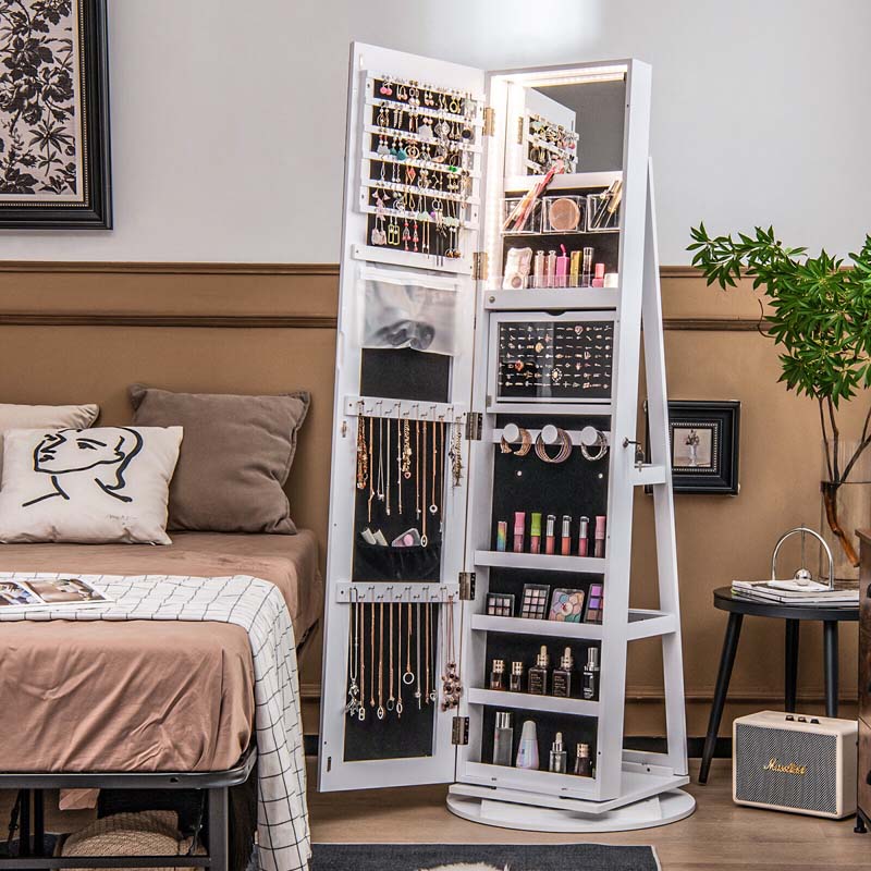 63.5"H 360 Swivel Jewelry Armoire w/Full Length Mirror, 3-Color LED lights, Rear Storage Shelves, Lockable Standing Jewelry Cabinet Organizer
