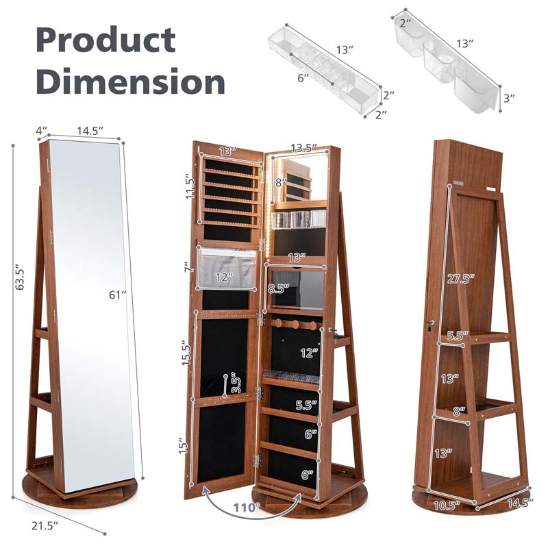 63.5"H 360 Swivel Jewelry Armoire w/Full Length Mirror, 3-Color LED lights, Rear Storage Shelves, Lockable Standing Jewelry Cabinet Organizer