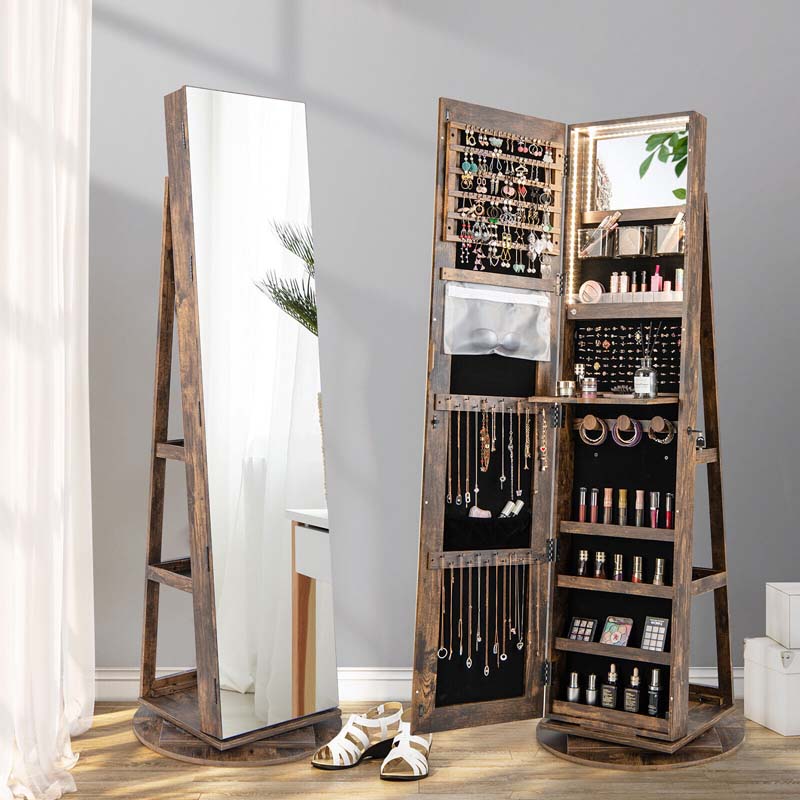 63.5"H 360 Swivel Jewelry Armoire w/Full Length Mirror, 3-Color LED lights, Rear Storage Shelves, Lockable Standing Jewelry Cabinet Organizer