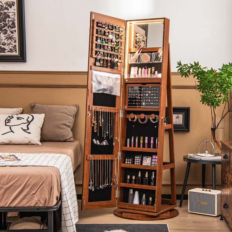 63.5"H 360 Swivel Jewelry Armoire w/Full Length Mirror, 3-Color LED lights, Rear Storage Shelves, Lockable Standing Jewelry Cabinet Organizer