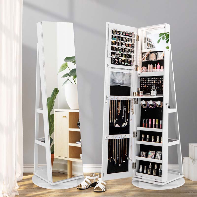 63.5"H 360 Swivel Jewelry Armoire w/Full Length Mirror, 3-Color LED lights, Rear Storage Shelves, Lockable Standing Jewelry Cabinet Organizer