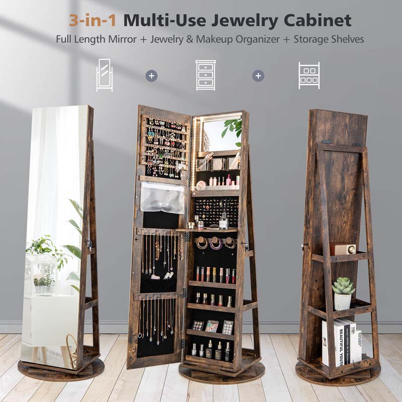 63.5"H 360 Swivel Jewelry Armoire w/Full Length Mirror, 3-Color LED lights, Rear Storage Shelves, Lockable Standing Jewelry Cabinet Organizer