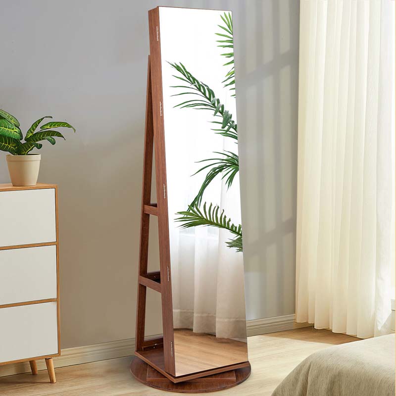 63.5"H 360 Swivel Jewelry Armoire w/Full Length Mirror, 3-Color LED lights, Rear Storage Shelves, Lockable Standing Jewelry Cabinet Organizer