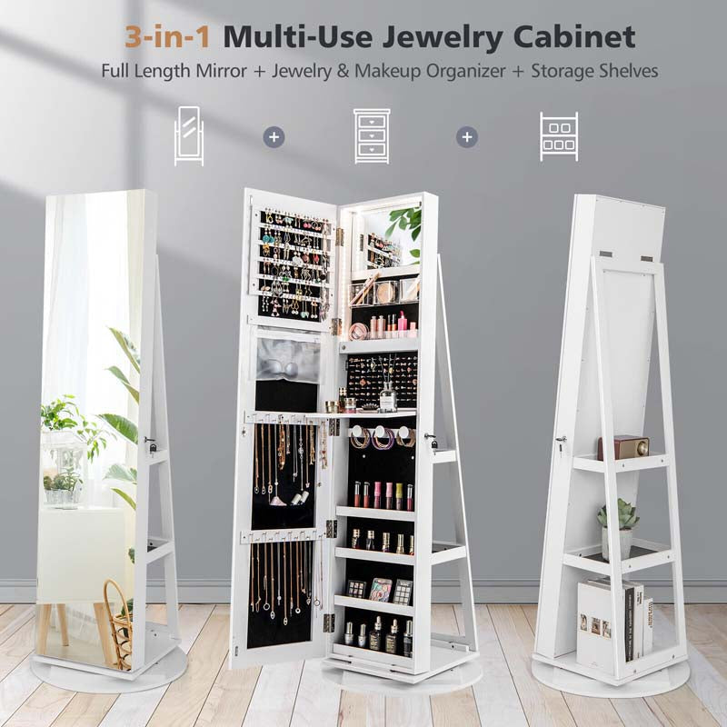 63.5"H 360 Swivel Jewelry Armoire w/Full Length Mirror, 3-Color LED lights, Rear Storage Shelves, Lockable Standing Jewelry Cabinet Organizer