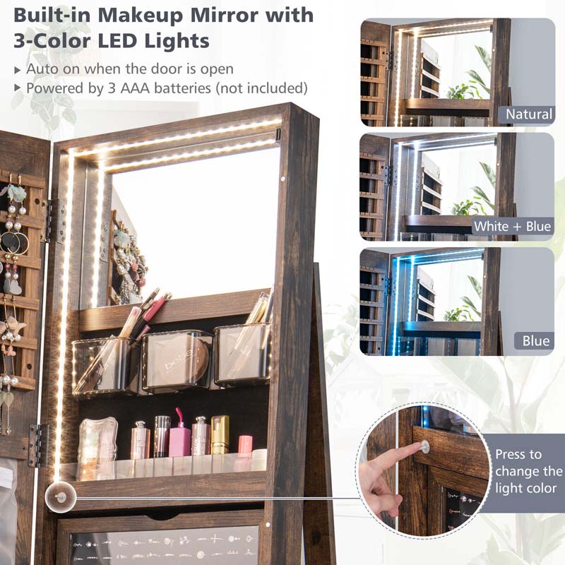 63.5"H 360 Swivel Jewelry Armoire w/Full Length Mirror, 3-Color LED lights, Rear Storage Shelves, Lockable Standing Jewelry Cabinet Organizer