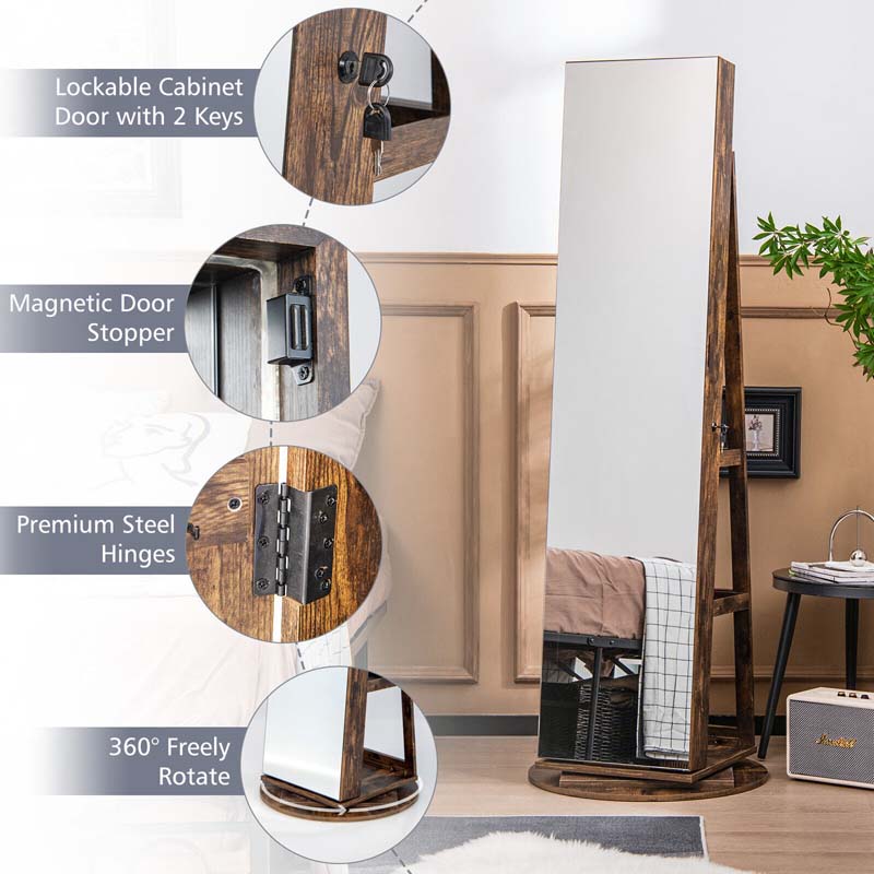 63.5"H 360 Swivel Jewelry Armoire w/Full Length Mirror, 3-Color LED lights, Rear Storage Shelves, Lockable Standing Jewelry Cabinet Organizer