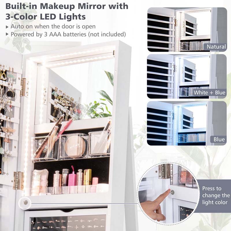 63.5"H 360 Swivel Jewelry Armoire w/Full Length Mirror, 3-Color LED lights, Rear Storage Shelves, Lockable Standing Jewelry Cabinet Organizer