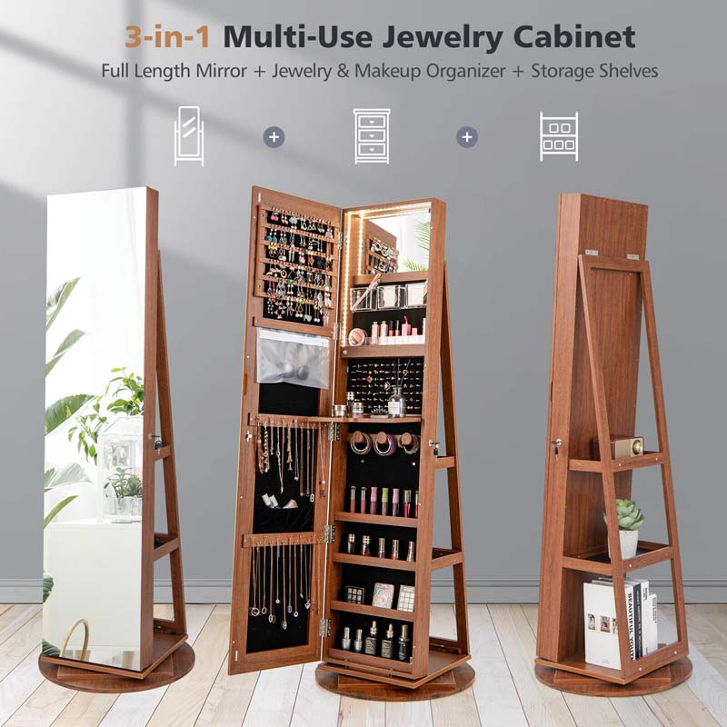63.5"H 360 Swivel Jewelry Armoire w/Full Length Mirror, 3-Color LED lights, Rear Storage Shelves, Lockable Standing Jewelry Cabinet Organizer