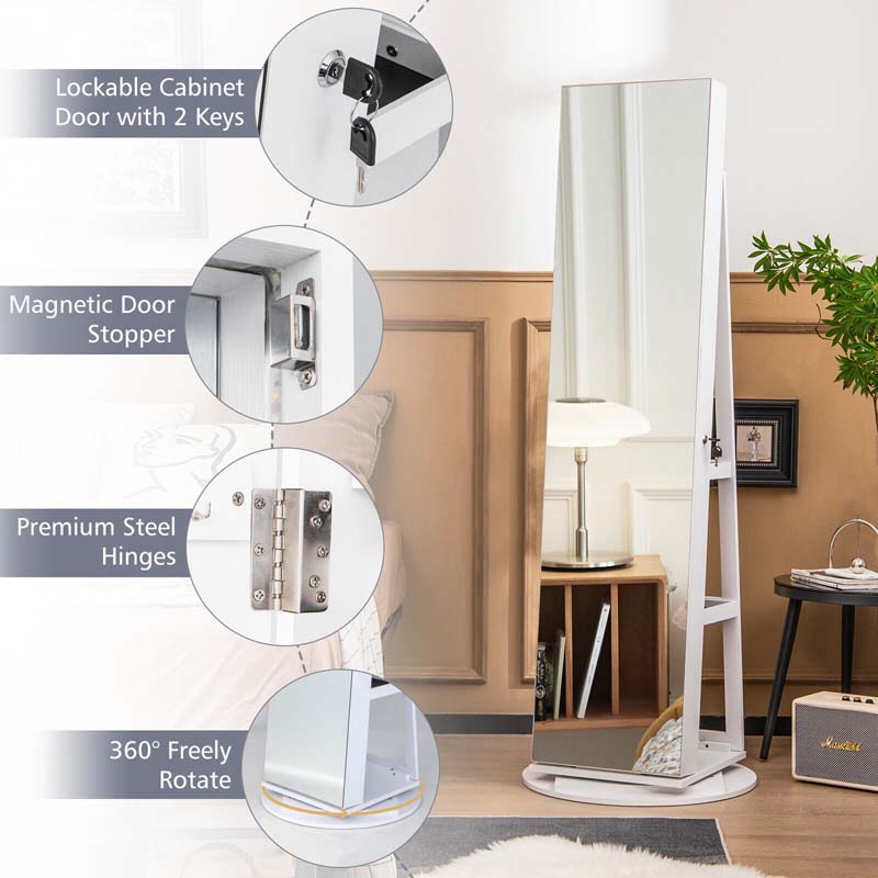 63.5"H 360 Swivel Jewelry Armoire w/Full Length Mirror, 3-Color LED lights, Rear Storage Shelves, Lockable Standing Jewelry Cabinet Organizer