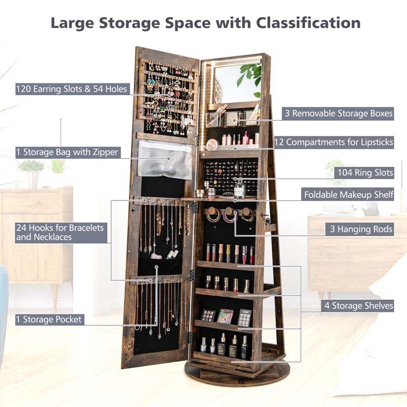 63.5"H 360 Swivel Jewelry Armoire w/Full Length Mirror, 3-Color LED lights, Rear Storage Shelves, Lockable Standing Jewelry Cabinet Organizer