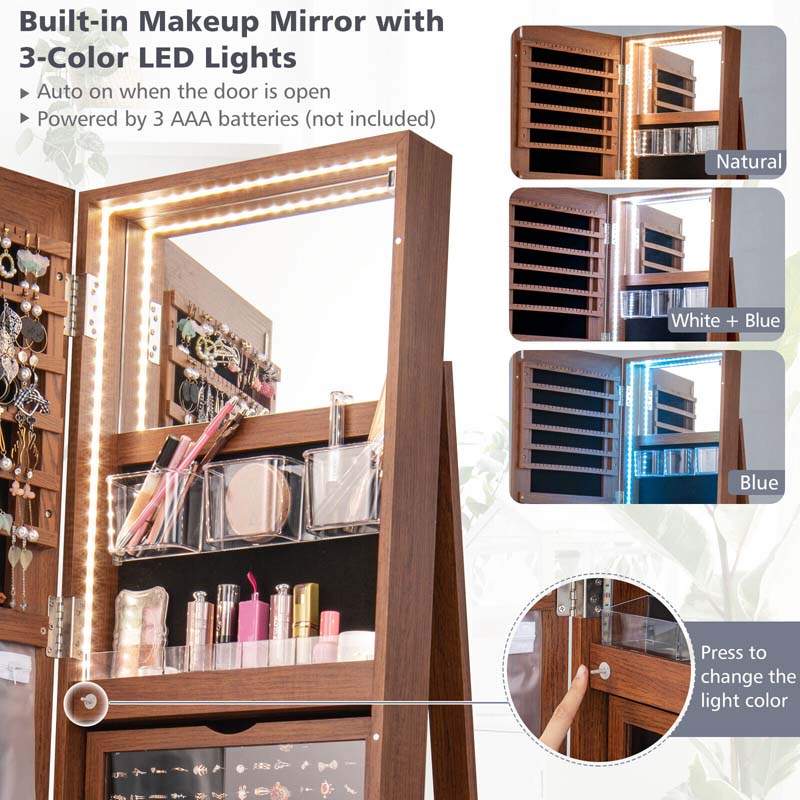 63.5"H 360 Swivel Jewelry Armoire w/Full Length Mirror, 3-Color LED lights, Rear Storage Shelves, Lockable Standing Jewelry Cabinet Organizer